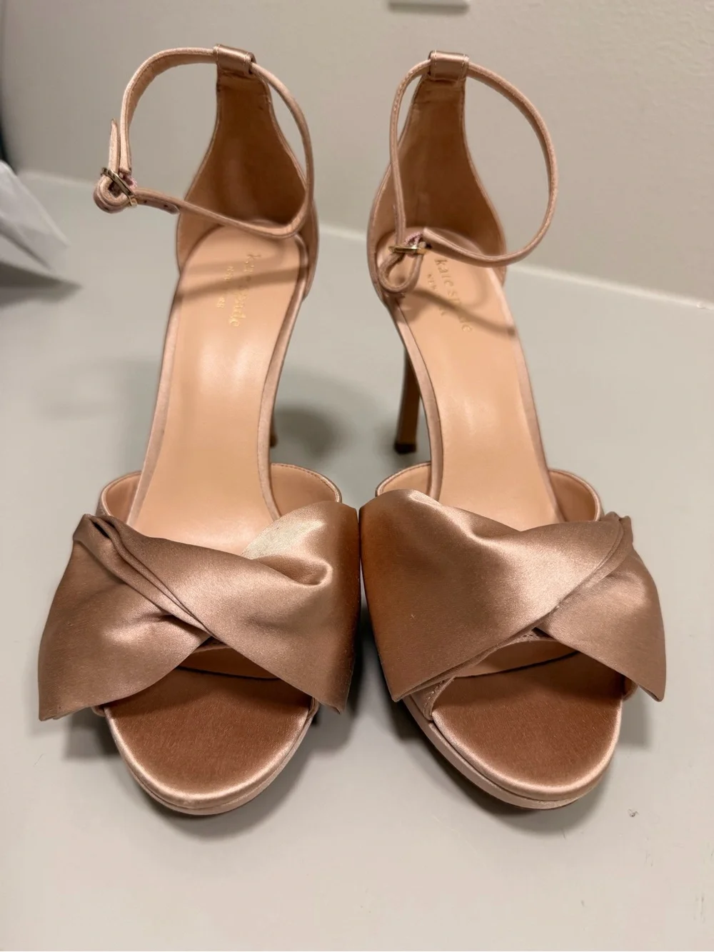 kate spade Satin Twist Front Ankle-Strap Heels in Rose Bridal Bow - Brand new!